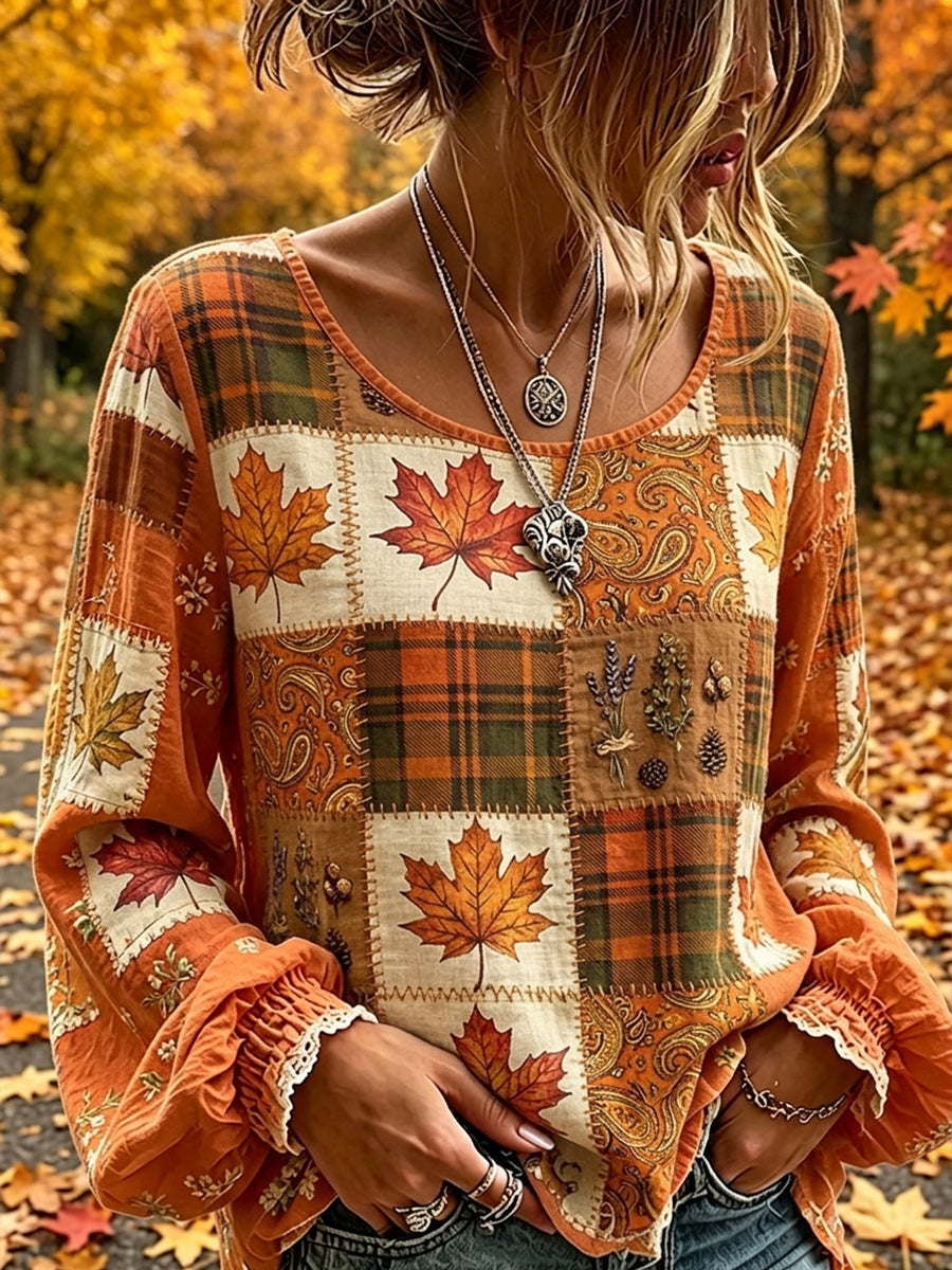 Women's Vintage Fall Maple Leaf Patchwork Print Cotton-Linen Shirt