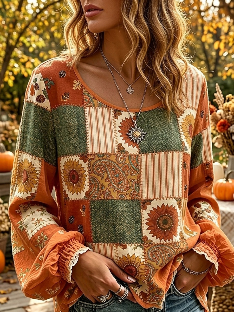 Women's Classy Fall Floral Patchwork Print Cotton-Linen Shirt
