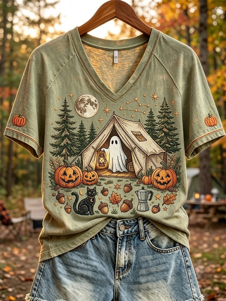 Women's Halloween Ghost Camping Print V-neck Short-sleeved T-shirt