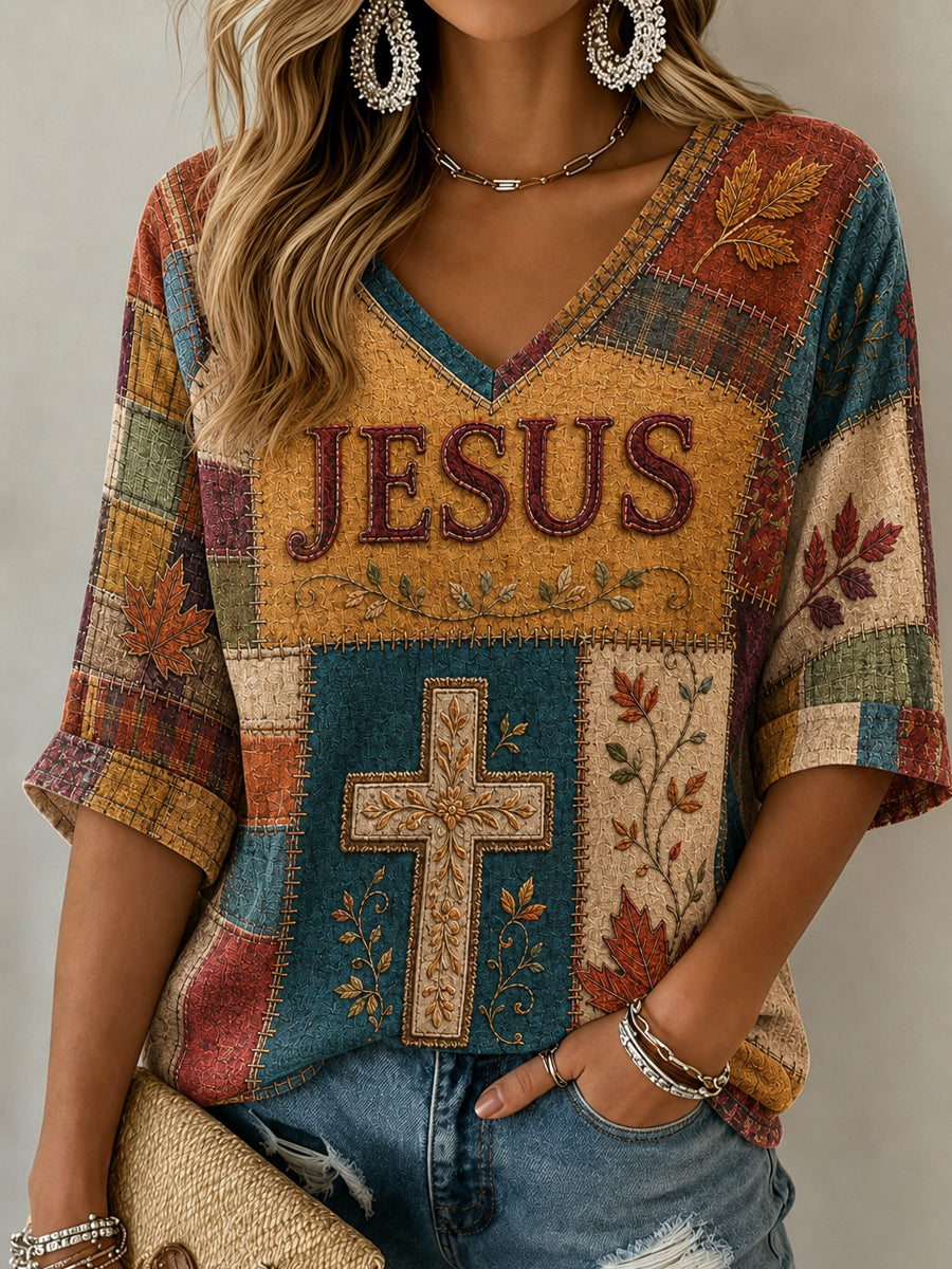 Women's Fall Jesus Cross Art Mid-length Sleeves V-Neck T-Shirt