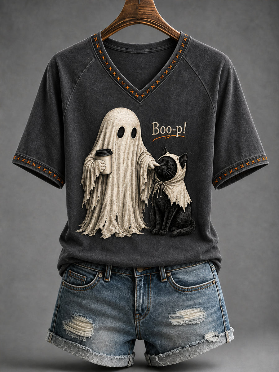 Women's Black Cat Halloween Ghost Boop V-neck Short Sleeve T-shirt
