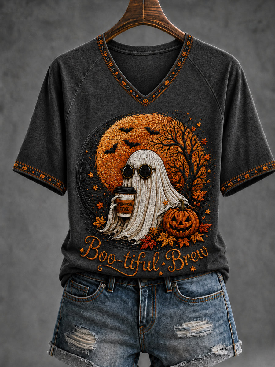 Women's Halloween Funny Ghost Pumpkin V-neck Short Sleeve T-shirt