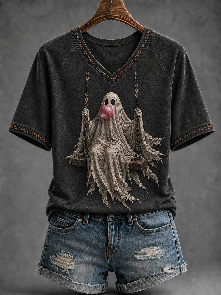 Women's Halloween Ghost on Swing V-neck Short Sleeve T-shirt