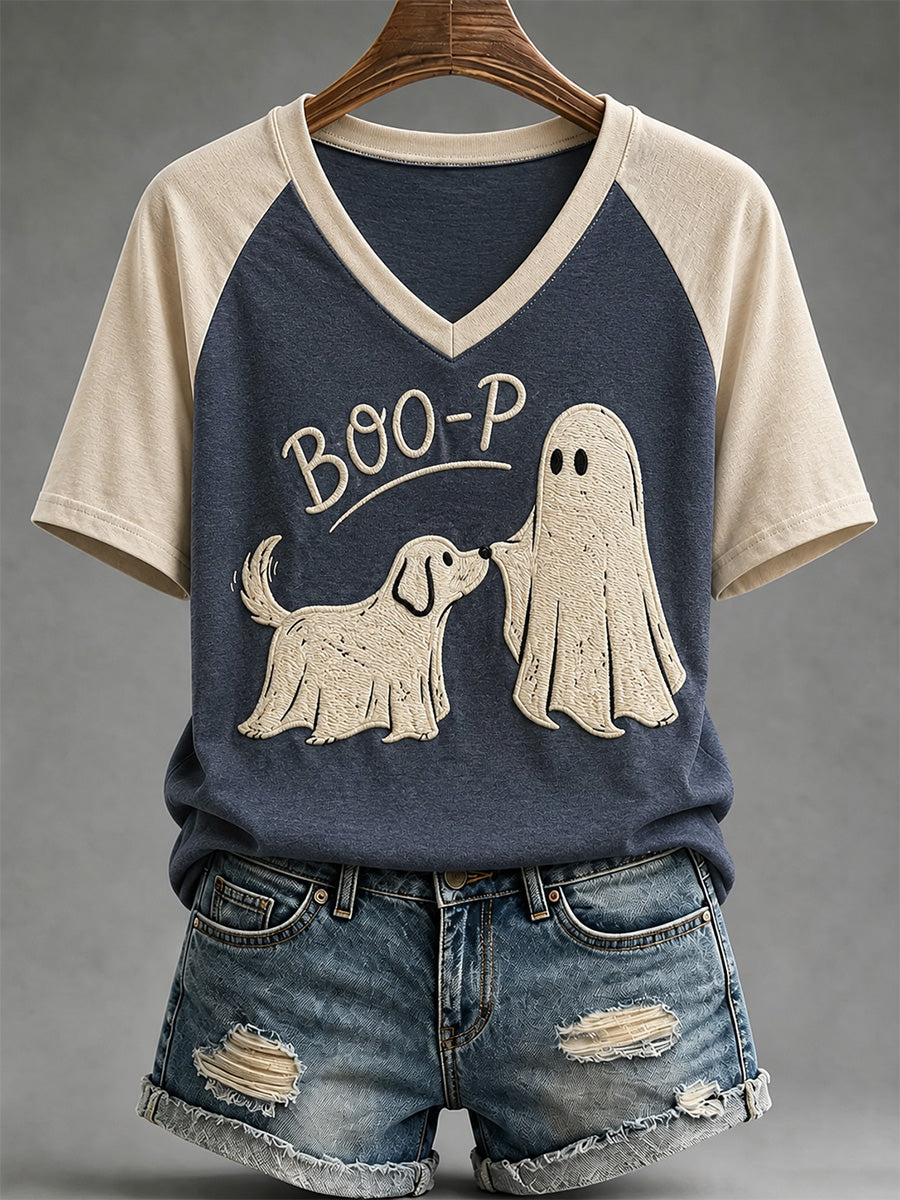 Women's Funny Boo Boo-p Dog Ghost Print Casual V-Neck Tee