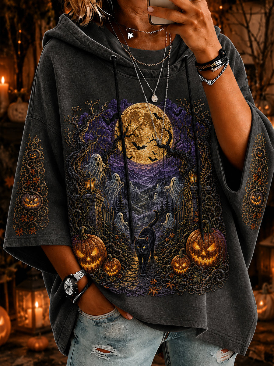 Women’s Halloween Black Cat Ghost Pumpkin Art Short-Sleeve Hoodie