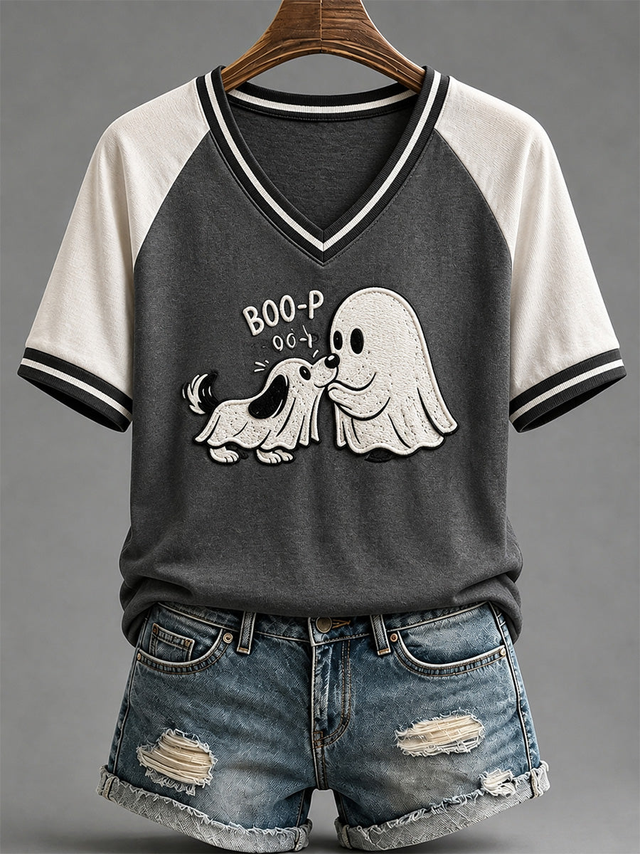 Women's Funny Boo Boo-p Dog Ghost Print Casual V-Neck Tee
