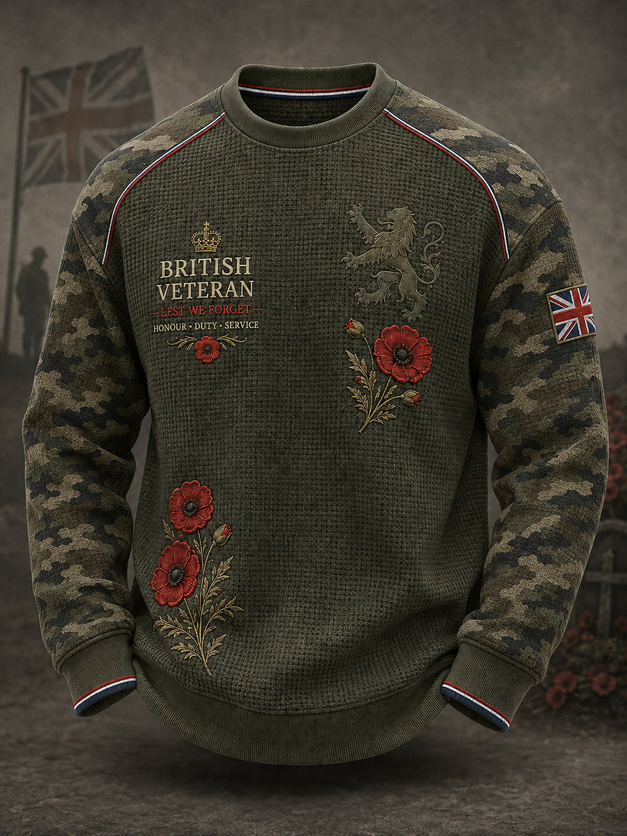 Men's Long-Sleeve Waffle-Texture T-Shirt With Vintage Camouflage And Military-Inspired Graphic Print