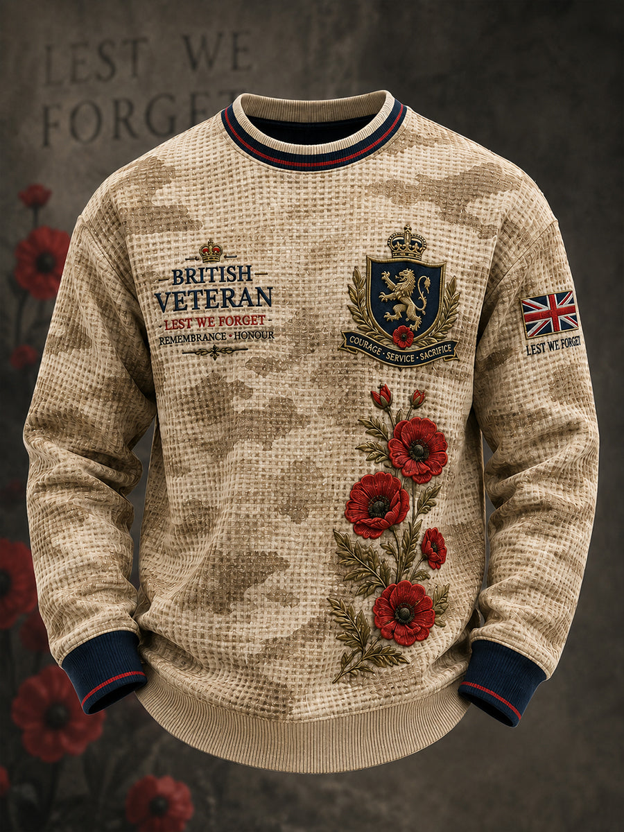 Men's Long-Sleeve Waffle-Texture T-Shirt With Vintage Camouflage And Military-Inspired Graphic Print