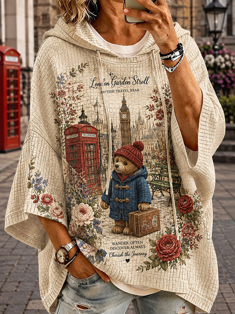 Women's Drop-Shoulder Waffle-Knit Hoodie With Cute Teddy Bear Print