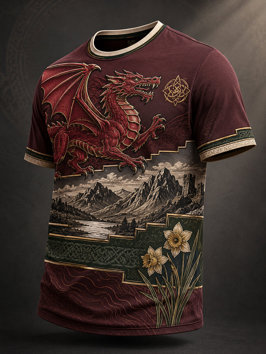 Men's Welsh Red Dragon Cultural Elements Art Print T-Shirt