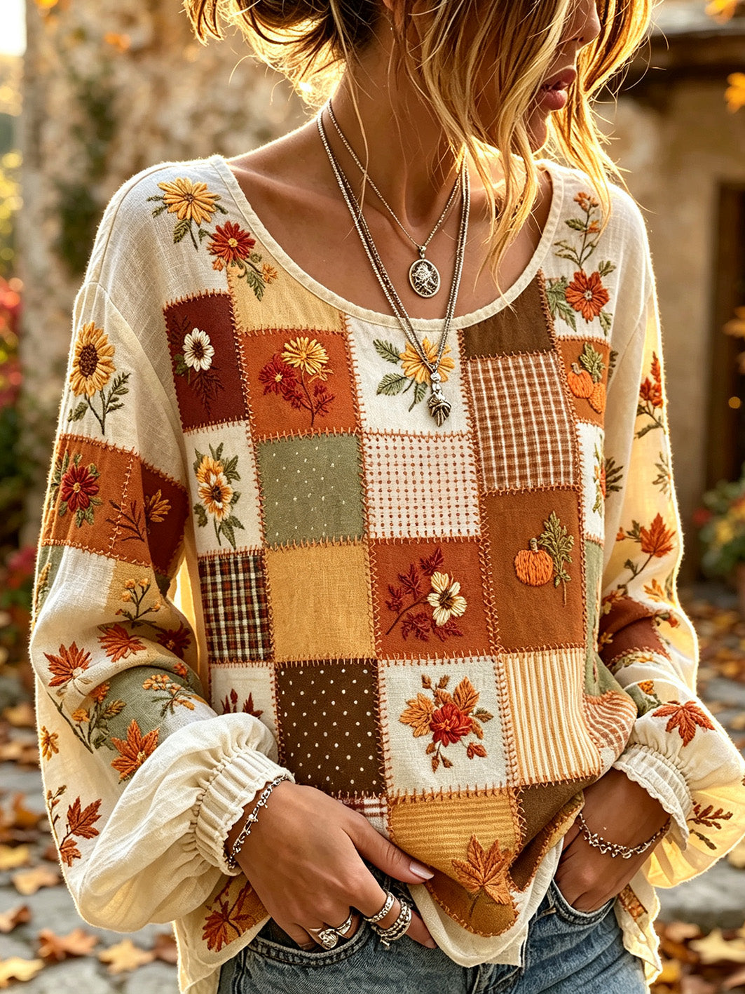Women's Autumn Plant Flower Pattern Color Block Patchwork Pattern Printed Cotton-Linen Shirt