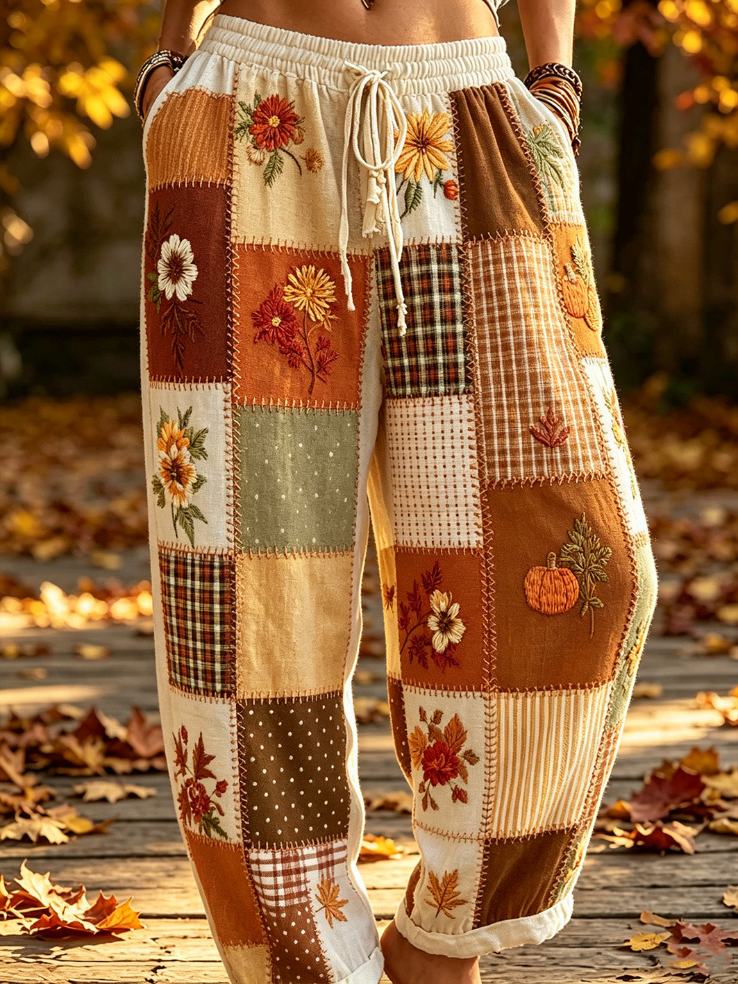 Women's Autumn Plant Flower Pattern Color Block Patchwork Pattern Printed Casual Cotton Linen Long Pants