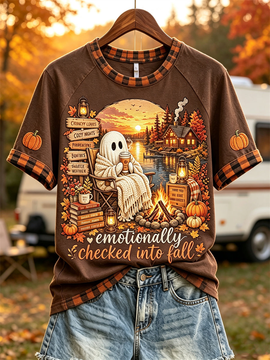 Women's Emotionally Checked into Fall Cozy Ghost by Campfire Print short sleeve T-shirt