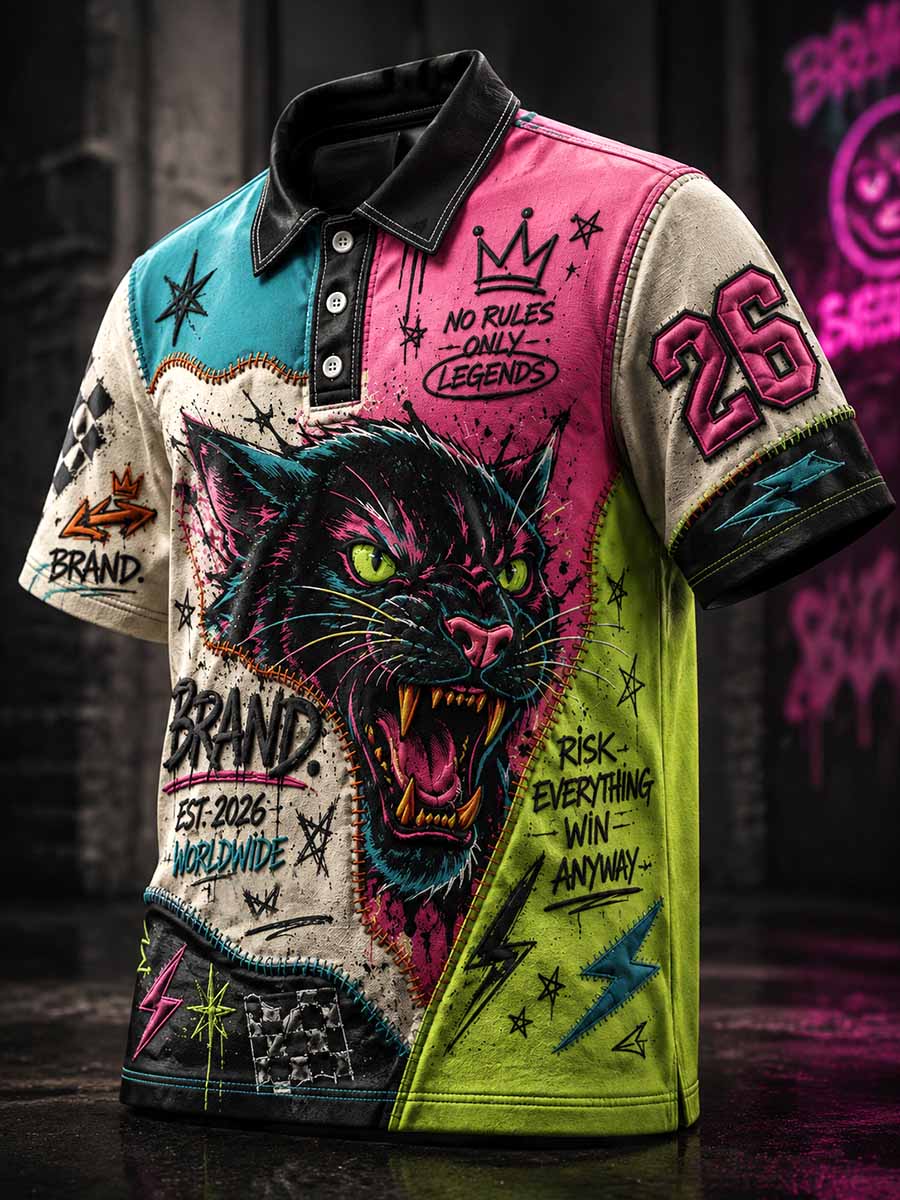 Men's Street Graffiti Leopard Art Pattern Printed Polo Shirt
