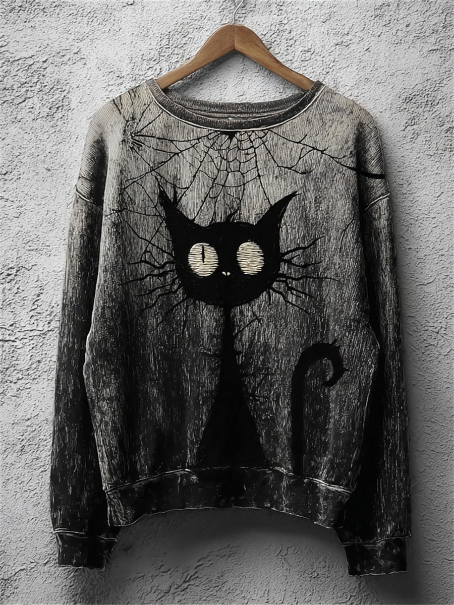 Women's Spooky Witch's Familiar Black Cat Print Halloween Sweatshirt