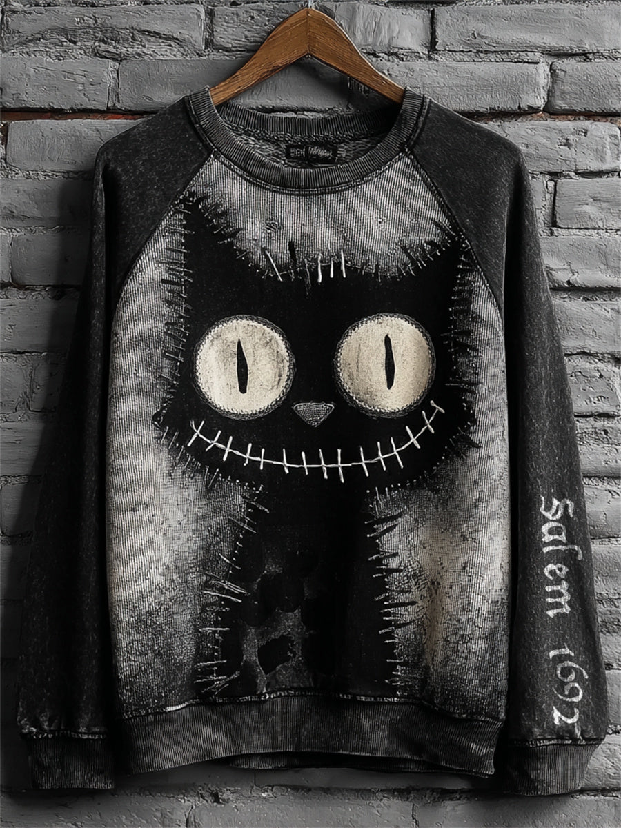 Women's Salem 1692 Familiar Black Cat Print Halloween Raglan Sweatshirt