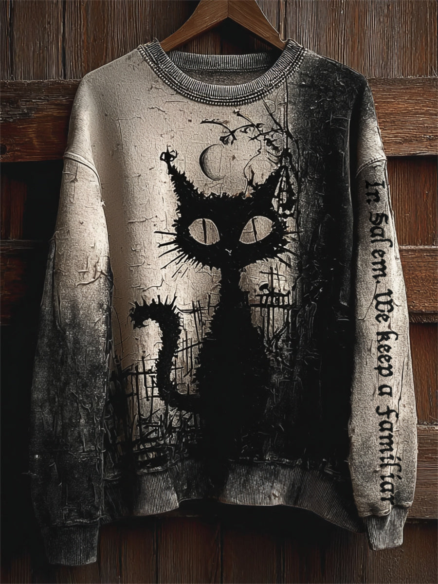 Women's In Salem We Keep A Familiar Black Cat Print Halloween Sweatshirt