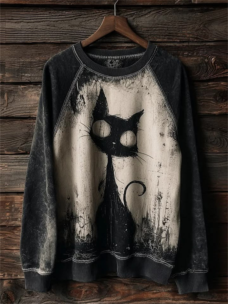 Women's Salem Witch's Familiar Black Cat Print Halloween Raglan Sweatshirt