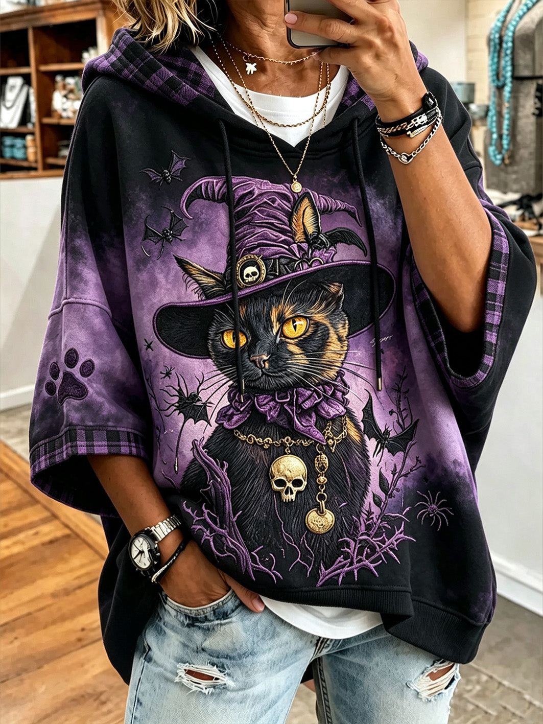 Women’s Halloween cat print casual Hoodie