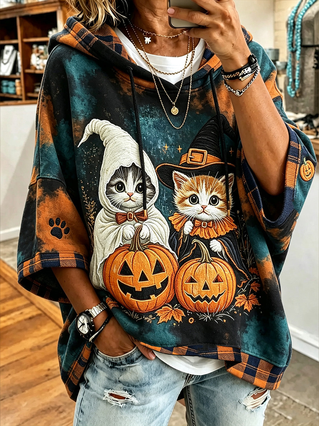 Women’s Halloween cat print casual Hoodie