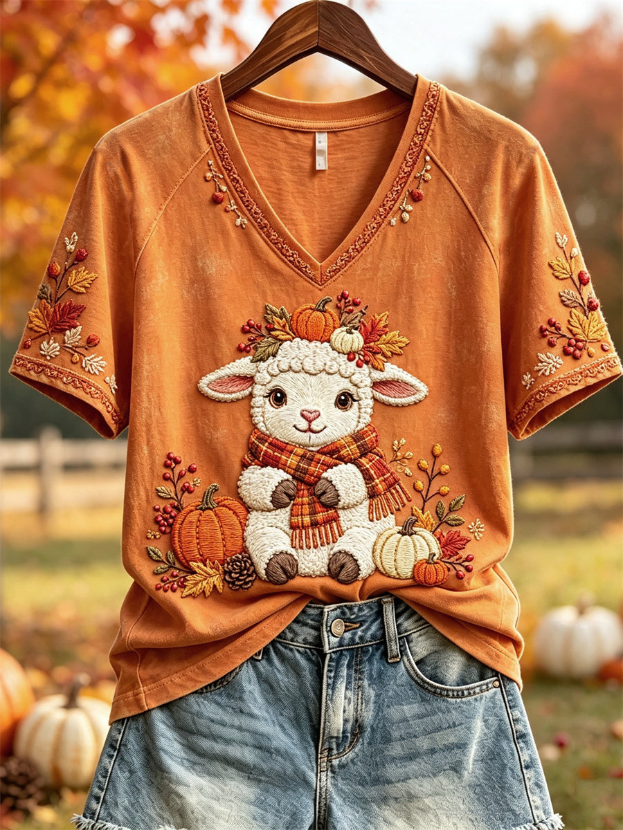 Women's Fall Farm Sheep Pumpkins & Leaves Print short-sleeved T-shirt