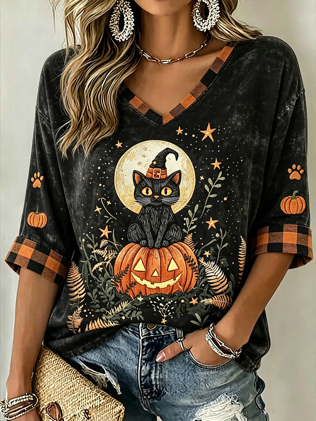 Women's Halloween Cat Print Casual Mid-length Sleeves V-Neck T-Shirt
