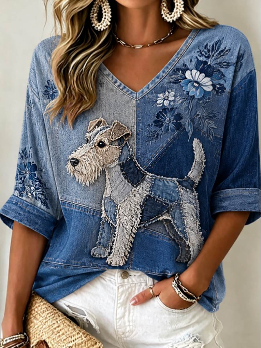 Women's Wire Fox Terrier Mid-length Sleeves V-Neck T-Shirt