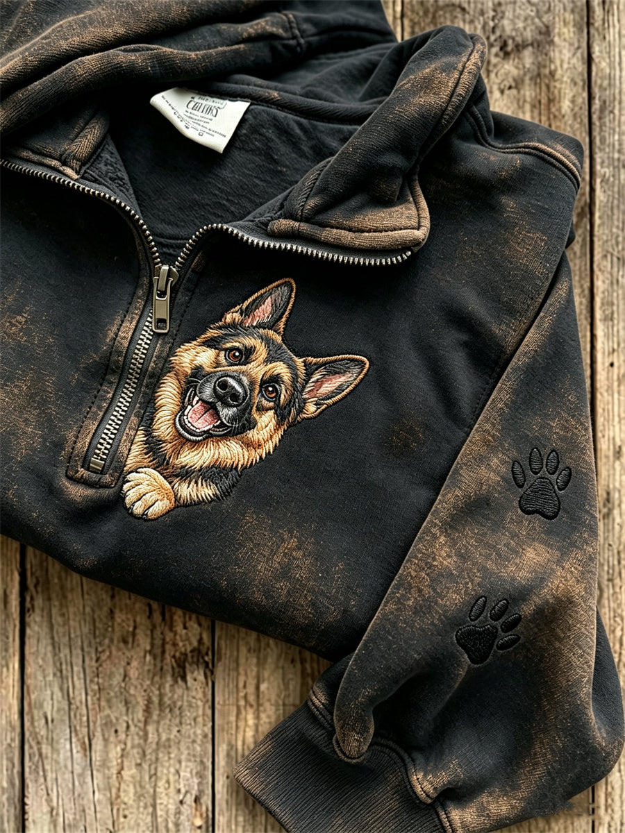 Women's Peeking German Shepherd Dog & Paw Prints Zip Up Sweatshirt