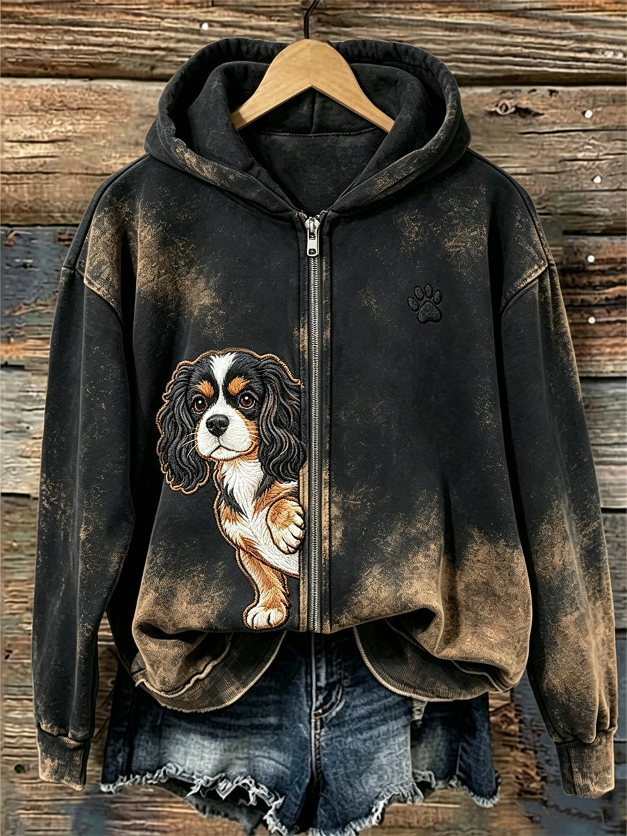 Women's Peeking King Charles Dog & Paw Print Full Zip Hoodie