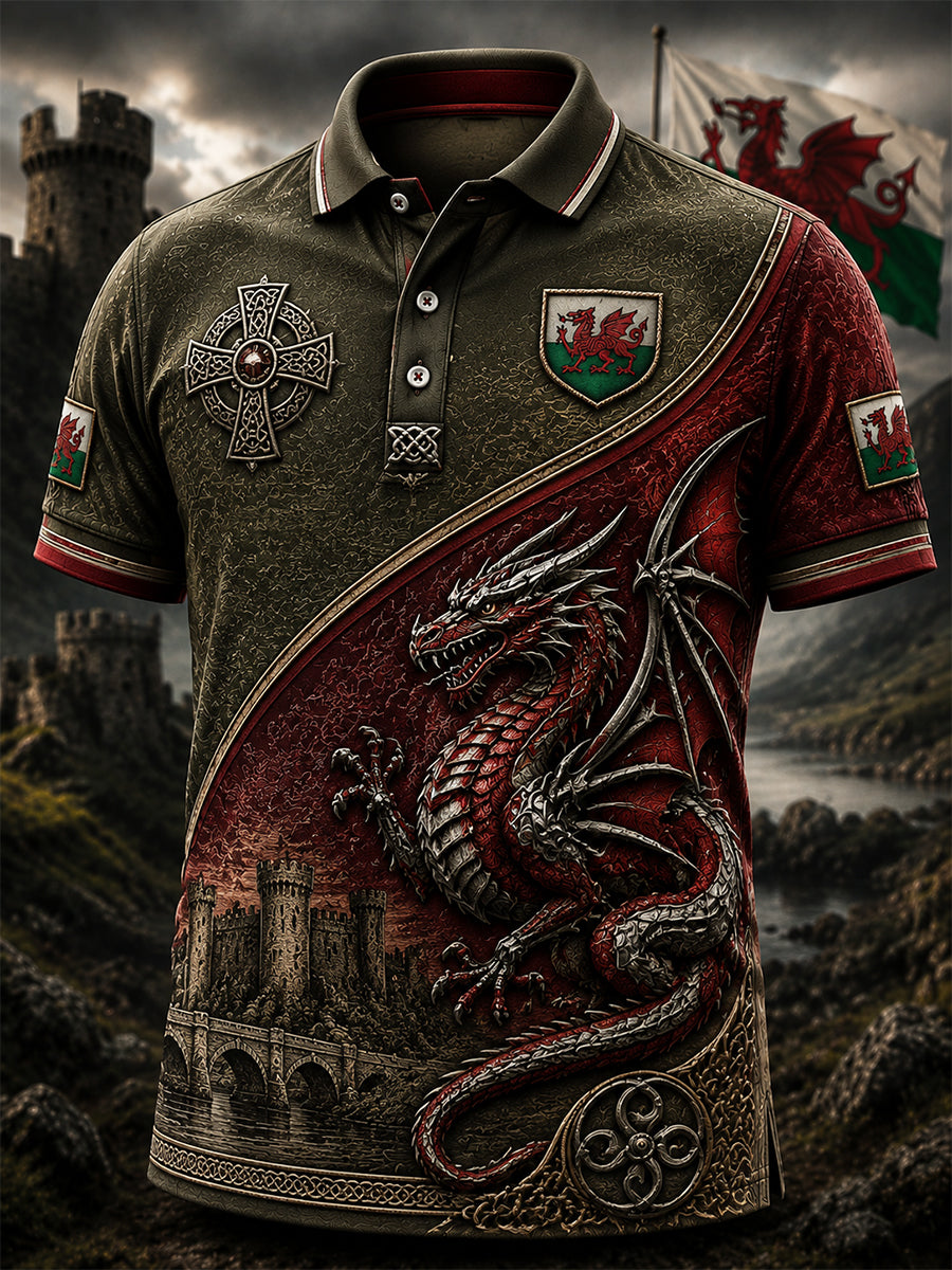 Men's Welsh Red Dragon Printed Polo Shirt