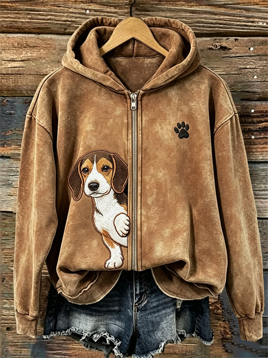 Women's Peeking Beagle Dog & Paw Print Full Zip Hoodie