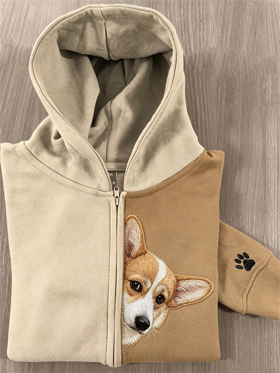 Women's Peeking Corgi Dog & Paw Print Contrast Color Full Zip Hoodie