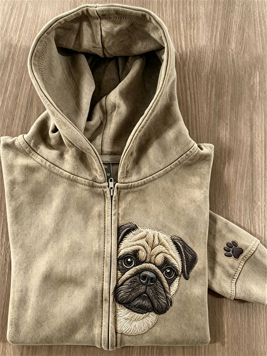 Women's Peeking Pug Dog & Paw Print Full Zip Hoodie