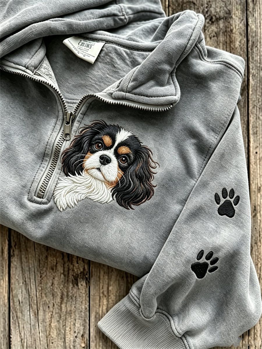 Women's Peeking King Charles Dog & Paw Prints Print Zip Up Sweatshirt