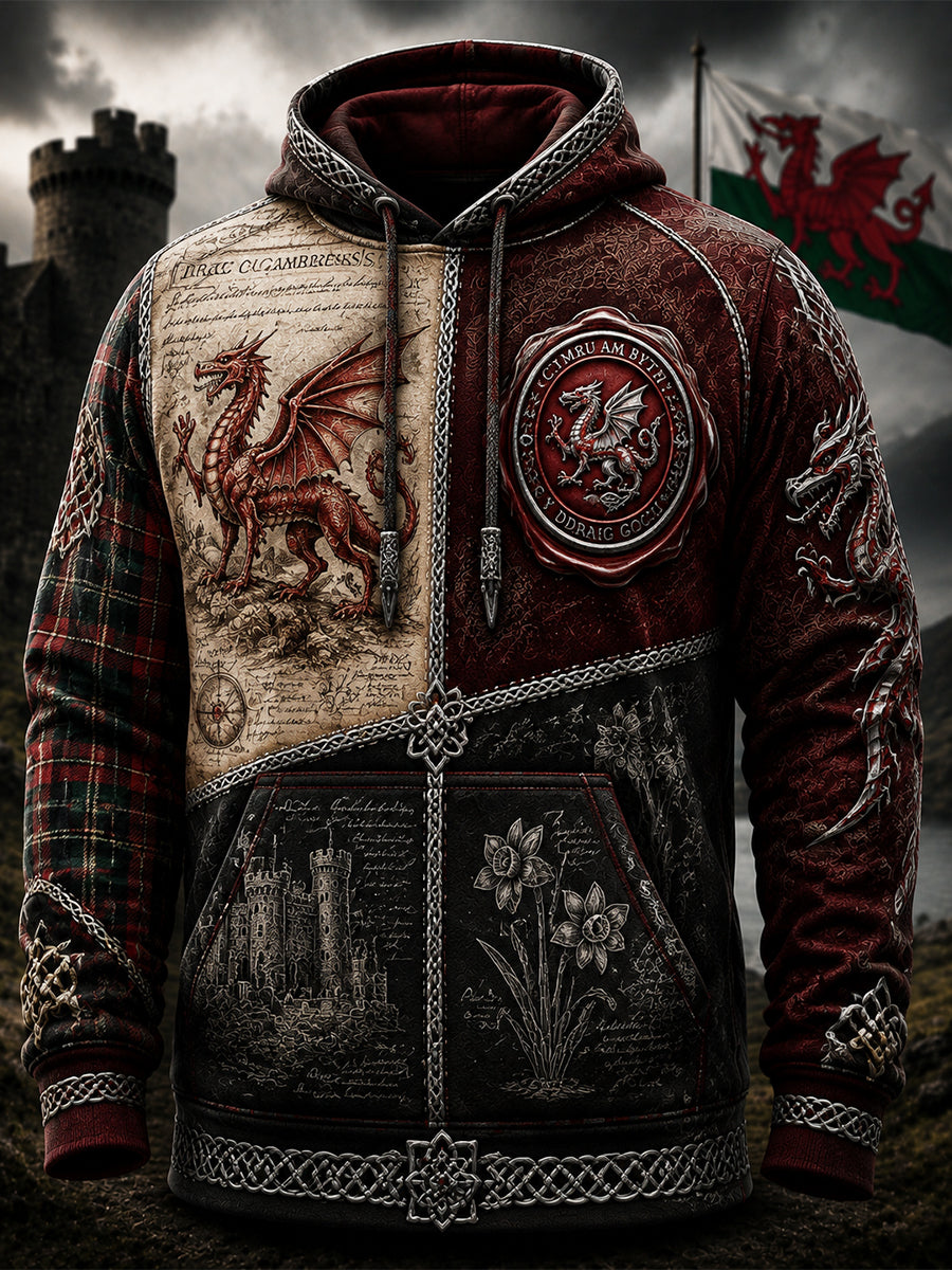 Men's Welsh Red Dragon Printed Long-Sleeved Hooded Sweatshirt