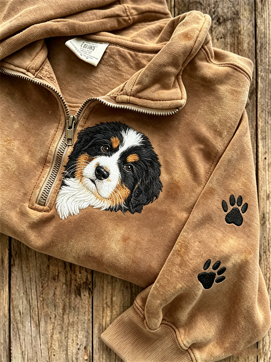 Women's Peeking Bernese Mountain Dog & Paw Print Zip Up Sweatshirt