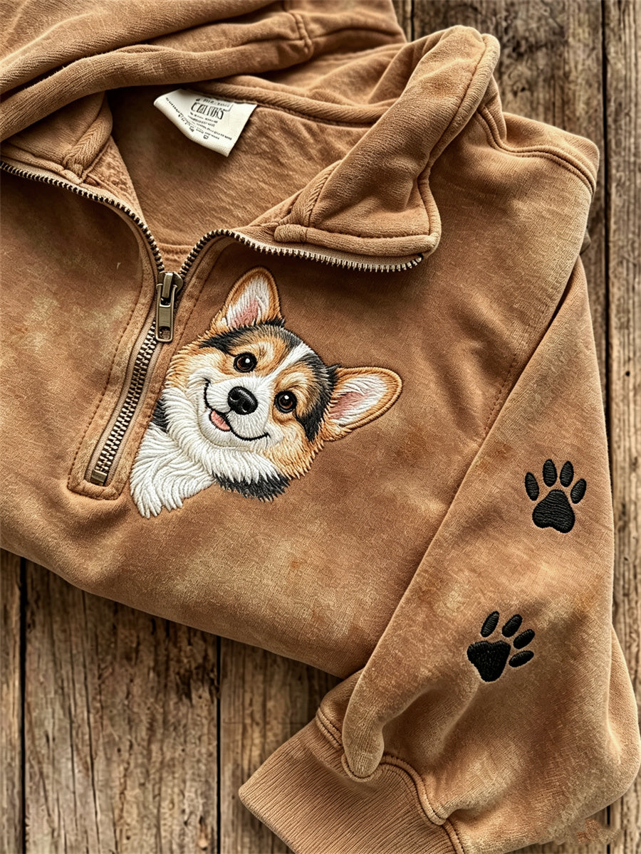 Women's Peeking Corgi Dog & Paw Print Zip Up Sweatshirt