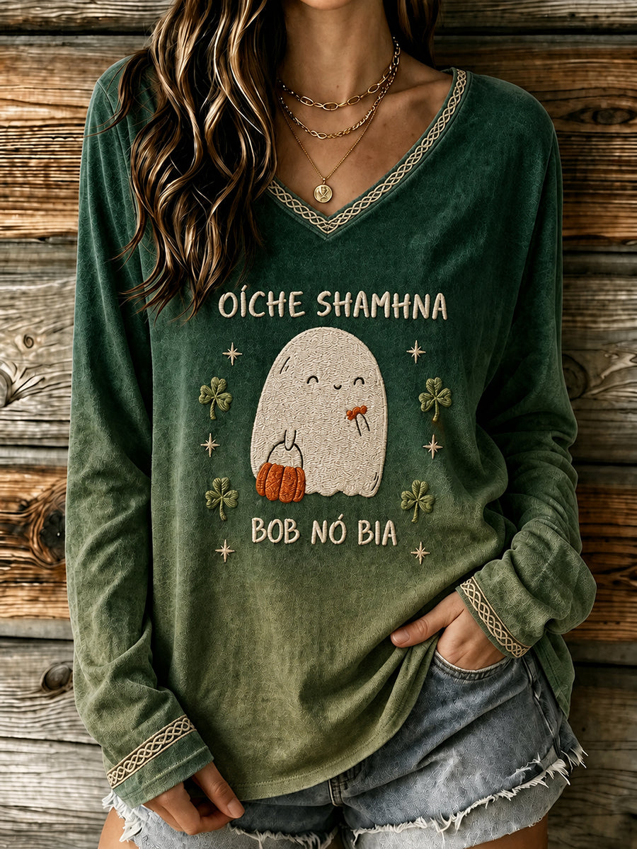 Women's Irish Halloween Samhain Print V-Neck T-Shirt