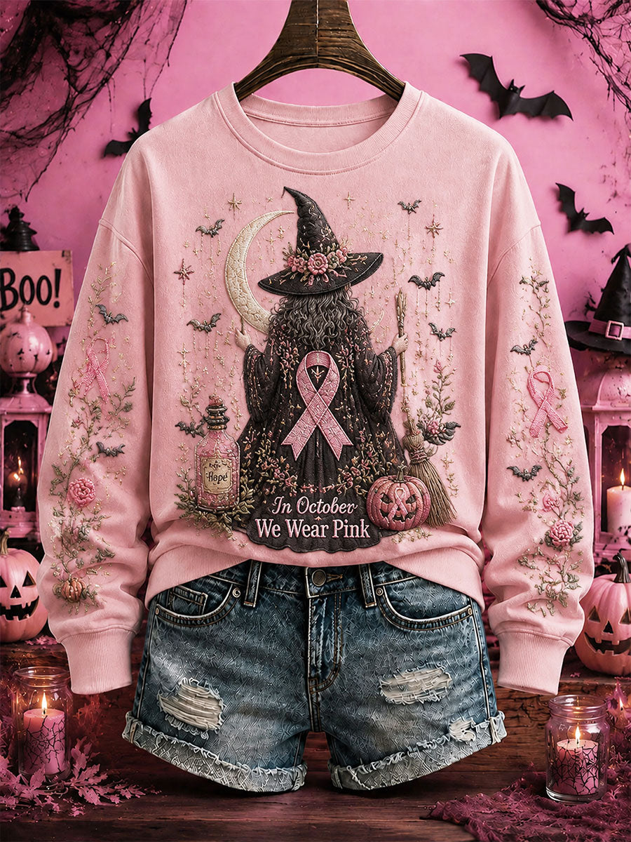 Women's Breast Cancer Awareness Halloween Witch-Themed Casual Regular Sweatshirt