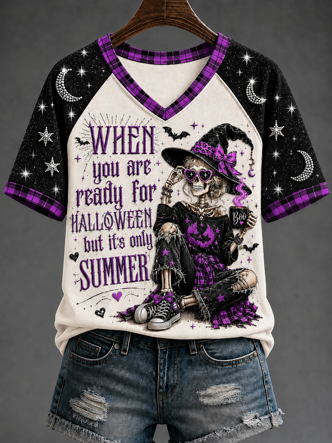 Women's When You're Ready For Halloween, But It's Summer V-neck Off-shoulder Short-sleeved T-shirt