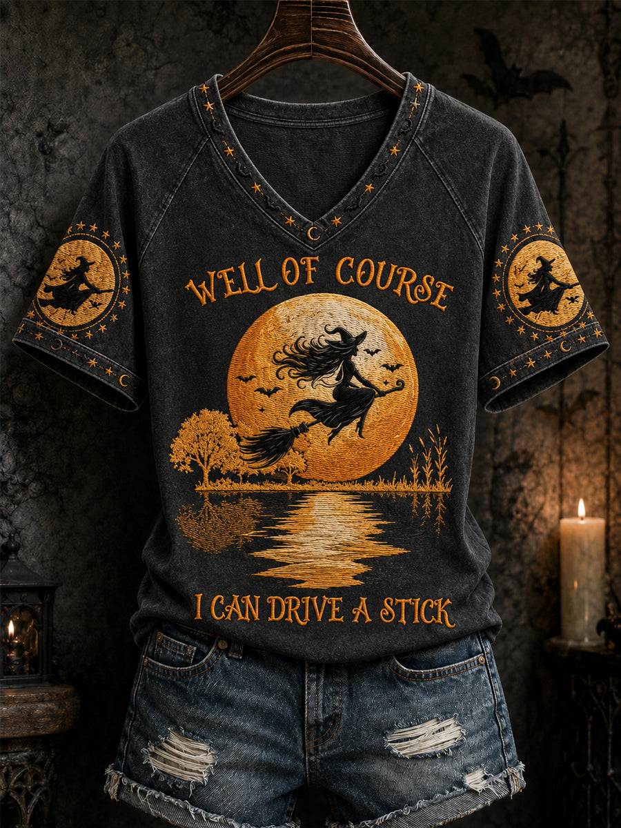 Women's Funny Halloween Witch Why Yes,Actually I Can Drive A Stick Print Casual V-Neck Tee