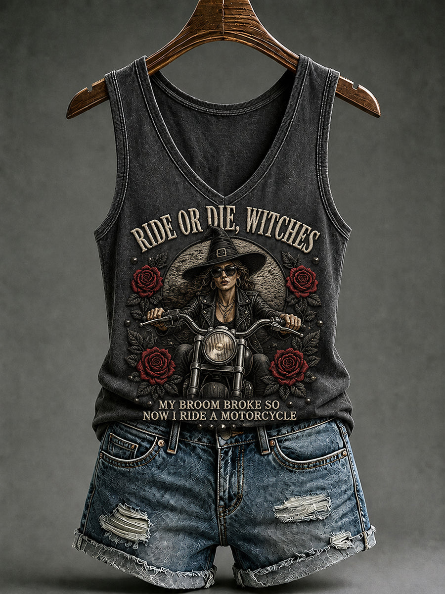 Women's My Broom Broke So Now I Ride A Motorcycle Halloween Witch Print Vest Top