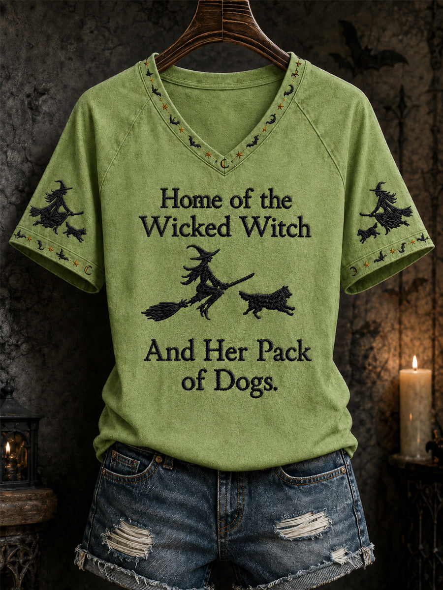 Women's Funny Halloween Home Of The Wicked Witch And Her Pack Of Dogs Print Casual V-Neck Tee