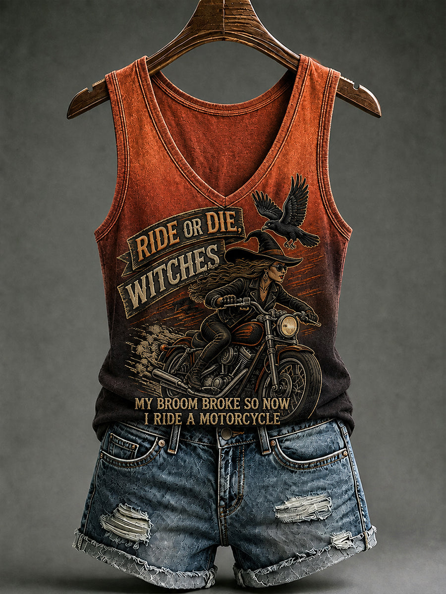 Women's My Broom Broke So Now I Ride A Motorcycle Halloween Witch Print Vest Top