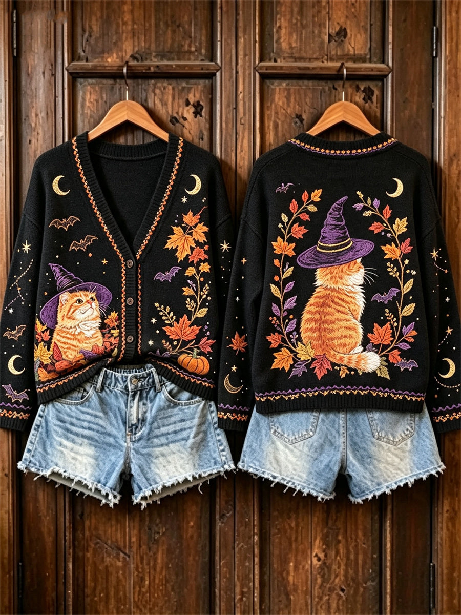 Women's Vintage Halloween Cat Fall Maple Leaves Print Cardigan