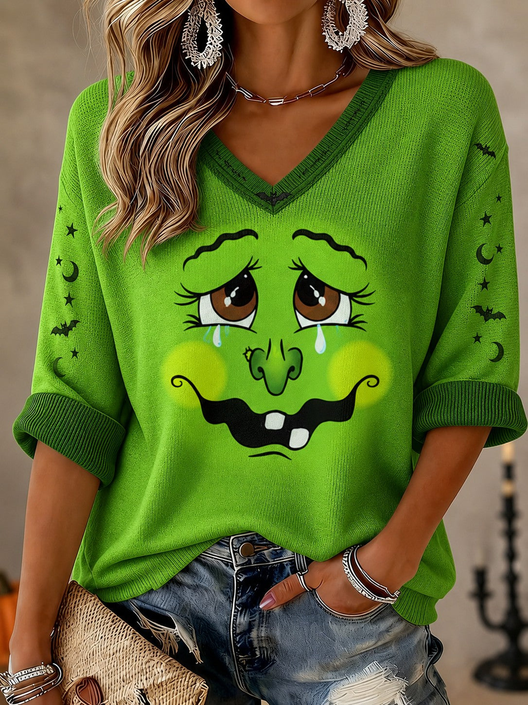 Women's Halloween Printed Mid-length Sleeves V-neck T-shirt