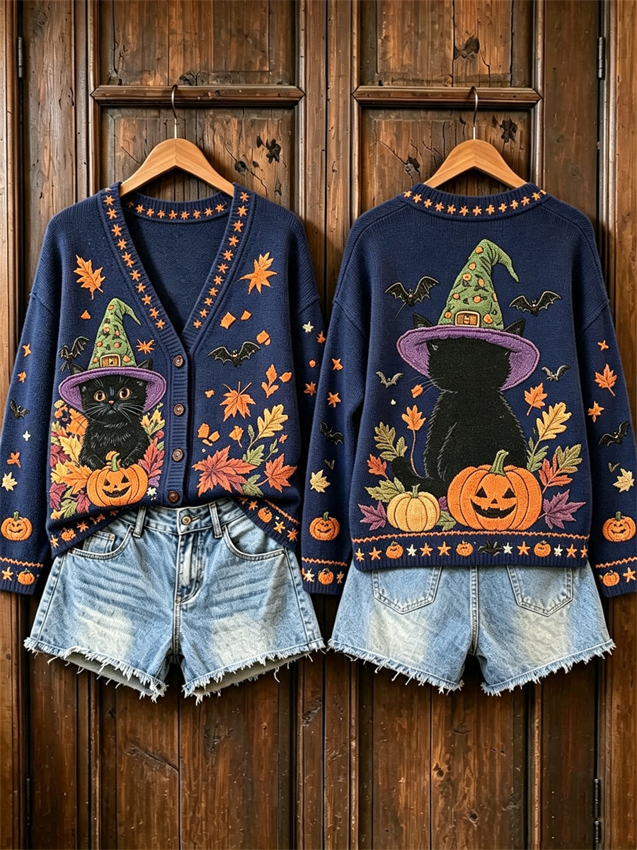 Women's Vintage Halloween Black Cat Pumpkin Fall Leaves Print Cardigan