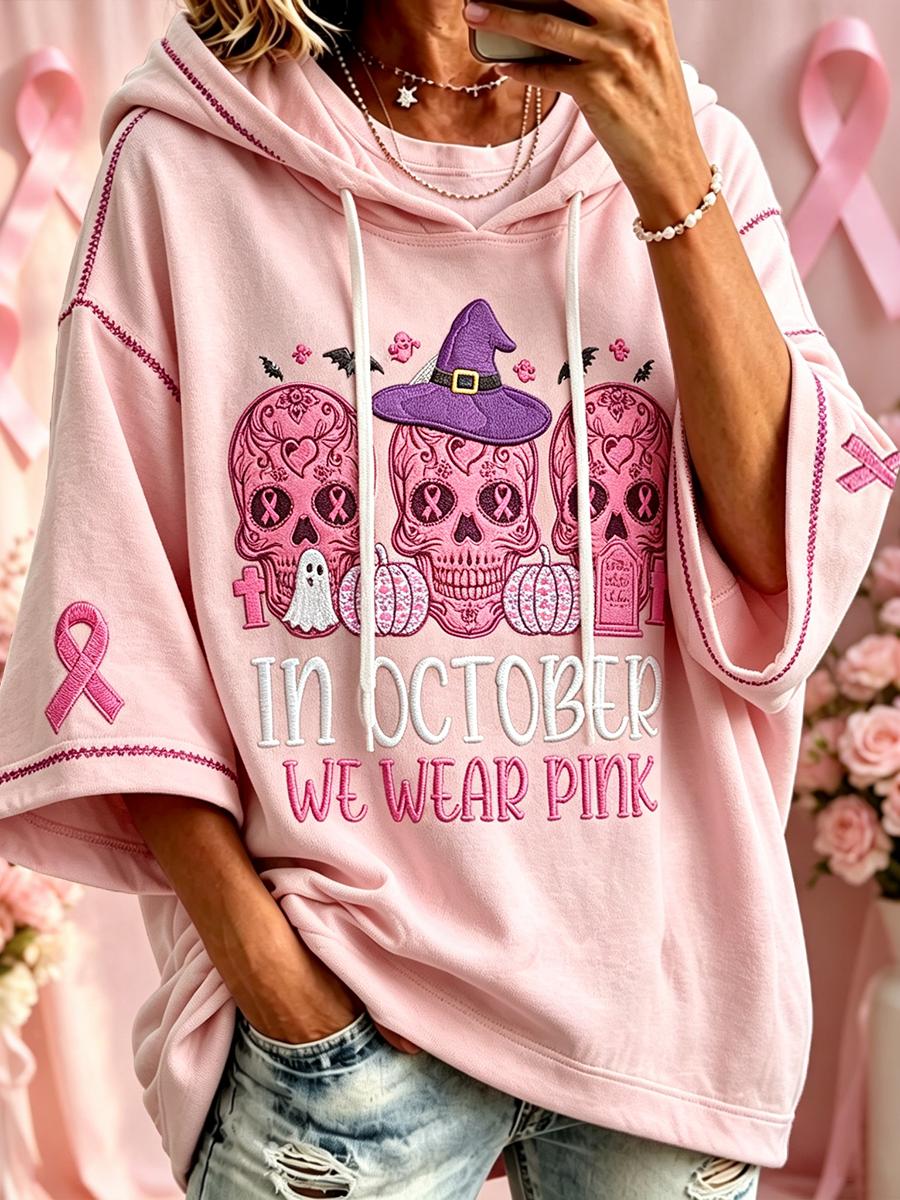 Women’s Pink Ribbon Witch Halloween Breast Cancer In October We Wear Pink Print Hoodie