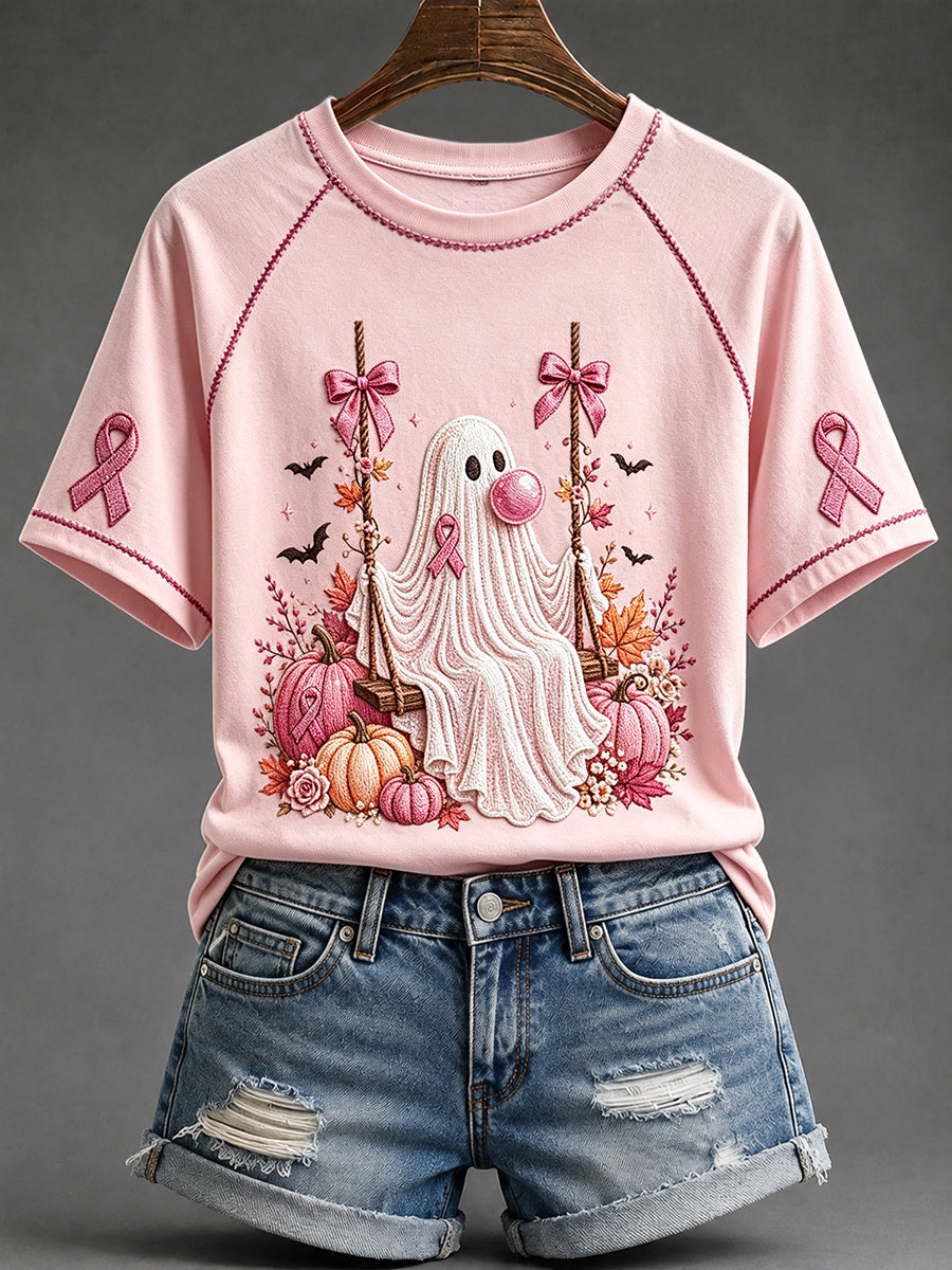 Women's Pink Ribbon Ghost Print Round Neck Short Sleeve T-shirt