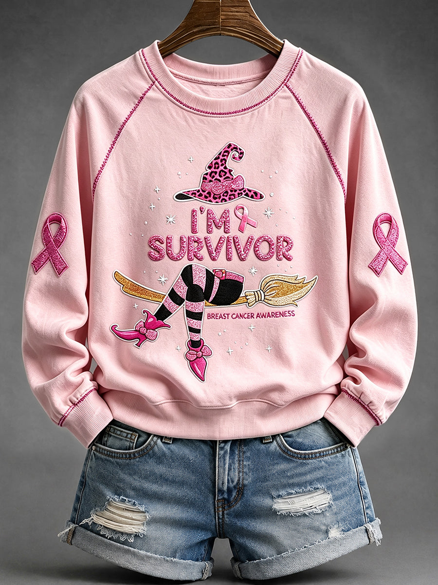 Women's Witch I'm Survivor Breast Cancer Leopard Print Cozy Sweatshirt